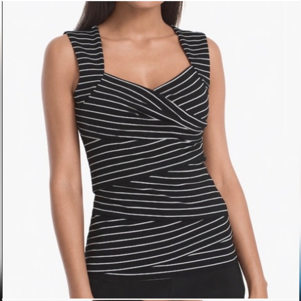 Striped Black & White Sleeveless Wrap-Front Women's Top